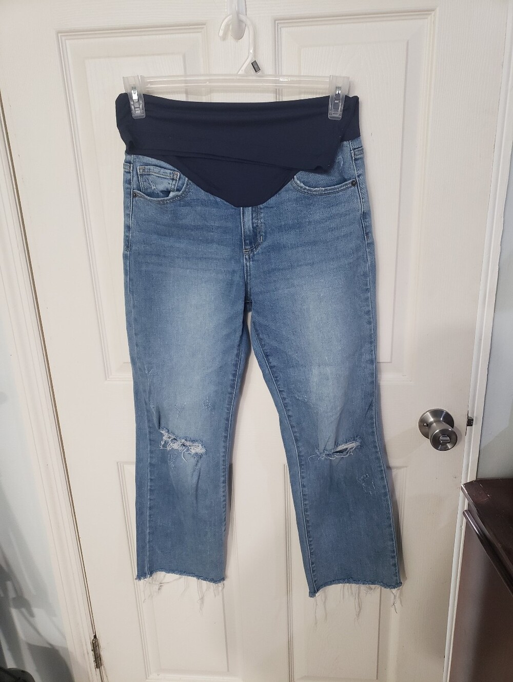 Maternity Size 28 Blue Distressed Straight-Leg Jeans with Navy Belly Panel